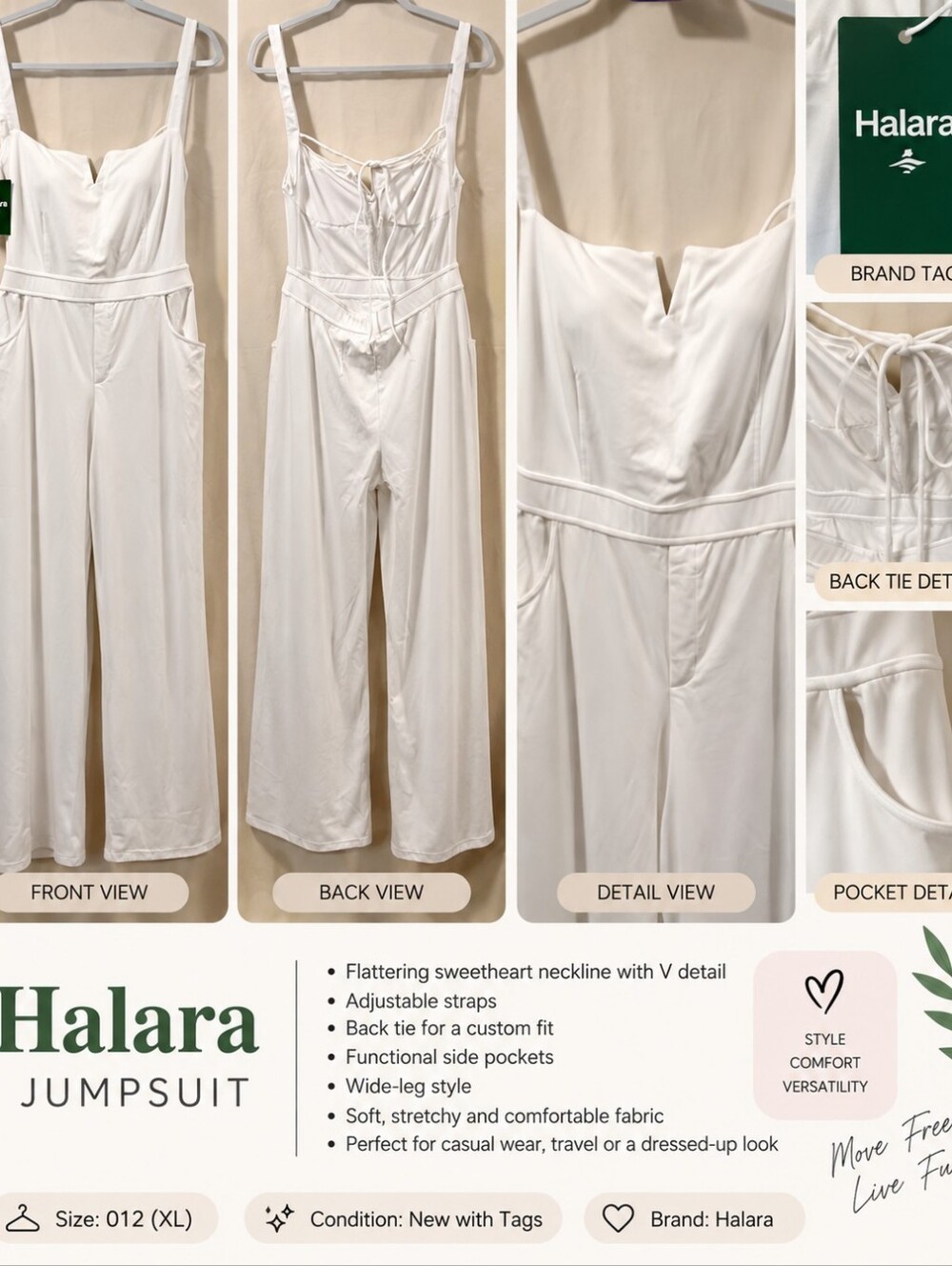 Halara White Wide-Leg Jumpsuit XL New With Tags Adjustable Straps Pockets
